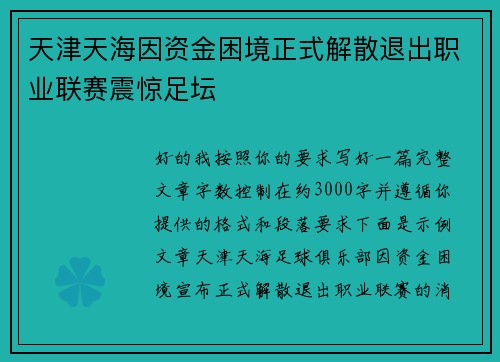 天津天海因资金困境正式解散退出职业联赛震惊足坛